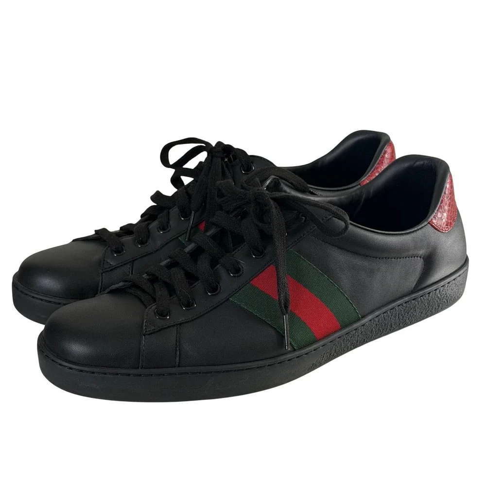Gucci Ace Black Leather Web Stripe Sneakers Red Snakeskin Heel 386750 w/ Box